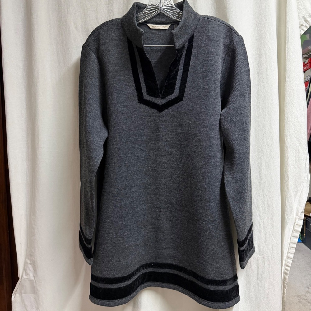 Soft Surroundings Gray Wool Blend Tunic Sweater Velvet Trim V-Neck Large